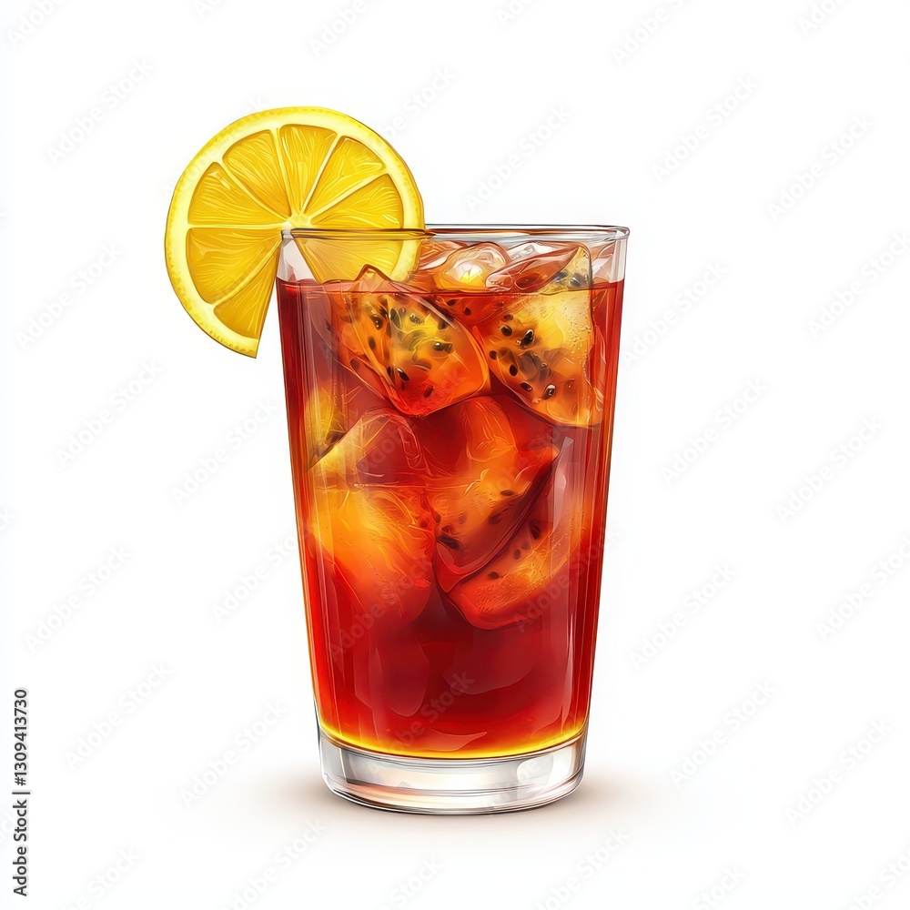 Realistic 3D Icon Cartoon of a Glass of Passion Fruit Iced Tea with a Lemon Wedge isolated on clear white background Realistic 3D Icon Cartoon of a Glass of Passion Fruit Iced Tea with a Lemon Wedge isolated on clear white background