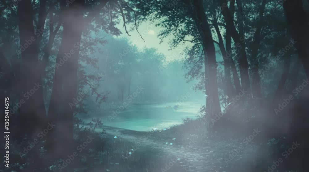 A misty forest path leads to a hidden lake, bathed in soft moonlight. The fog swirls gently through the trees, creating a mysterious and tranquil atmosphere deep within nature.
