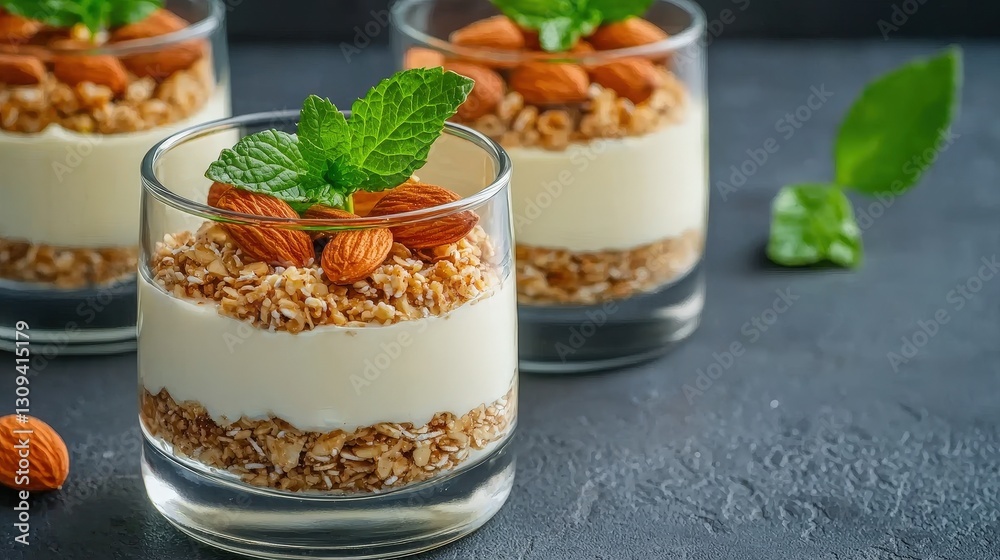 Meal Prep Made Simple with Plant-Based Protein concept. Delicious Layered Yogurt Parfait with Almonds and Granola in Elegant Glass Cups Meal Prep Made Simple with Plant-Based Protein concept. Delicious Layered Yogurt Parfait with Almonds and Granola in Elegant Glass Cups