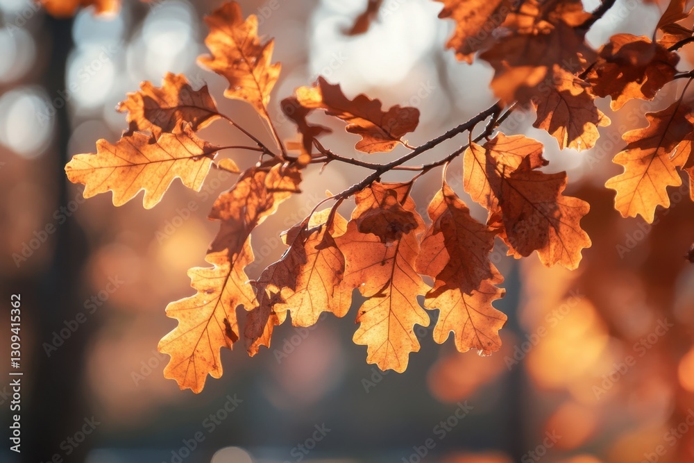 Autumn oak tree branch heavy with orange-brown leaves, highlighted against blurred park background Autumn oak tree branch heavy with orange-brown leaves, highlighted against blurred park background