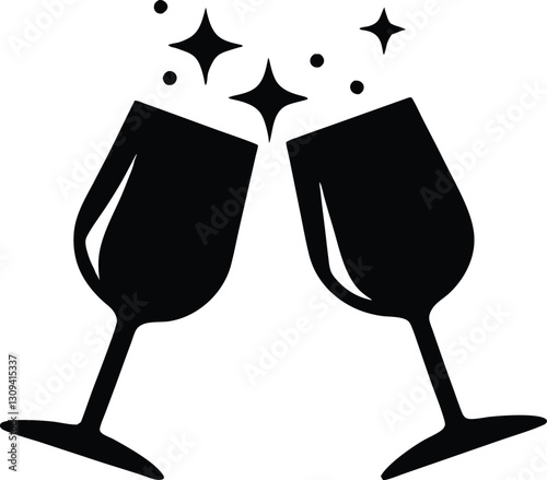 Two glasses of wine. Cheers with wine glasses silhouette vector