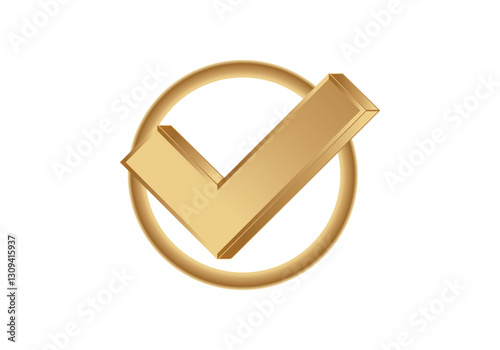A shiny golden checkbox inside a circle, representing completion or approval.
