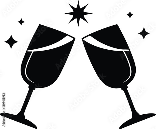 Two glasses of wine. Cheers with wine glasses silhouette vector