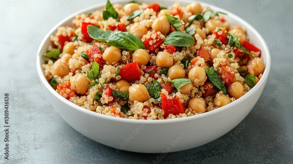 Meal Prep Made Simple with Plant-Based Protein concept. Colorful Quinoa Salad with Chickpeas and Fresh Basil for Healthy Eating and Nutrition Meal Prep Made Simple with Plant-Based Protein concept. Colorful Quinoa Salad with Chickpeas and Fresh Basil for Healthy Eating and Nutrition