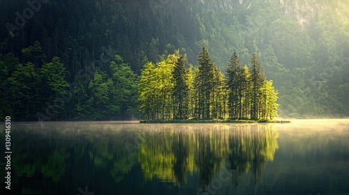 Unsurpassed quiet lake in the morning light surrounded by a forest, tree reflection on the water surface