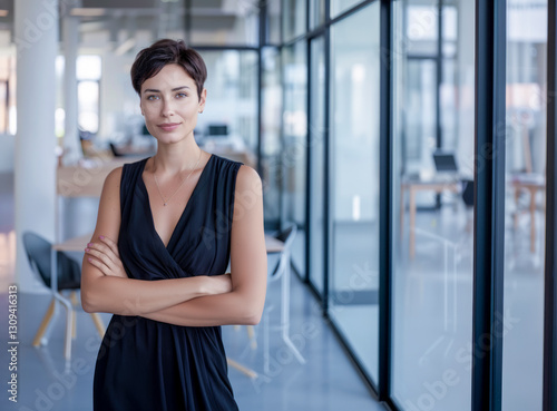 Free Download Confident businesswoman with short hair standing with arms crossed in a modern office. Stylish, professional, and empowering corporate atmosphere - GFXLoad