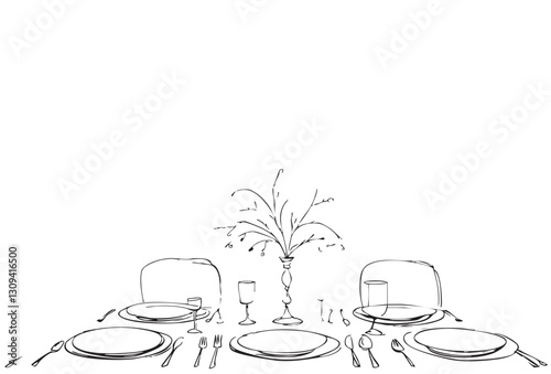 Serving table with dish, food and drink. Outline silhouette linear style, doodles