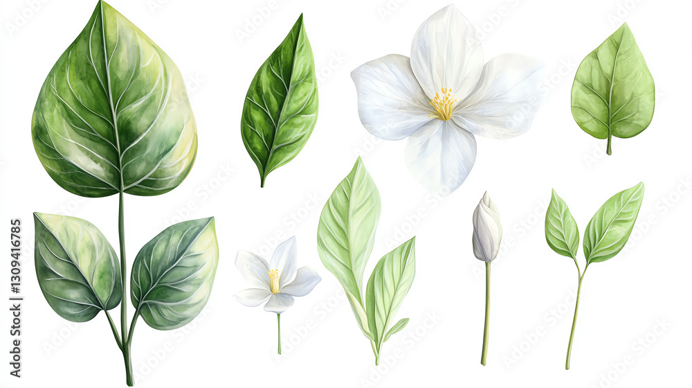 A collection of diverse green leaves and delicate white flowers, showcasing various shapes and textures. Perfect for nature-inspired designs and botanical illustrations. A collection of diverse green leaves and delicate white flowers, showcasing various shapes and textures. Perfect for nature-inspired designs and botanical illustrations.