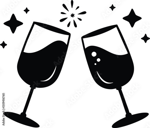 Two glasses of wine. Cheers with wine glasses silhouette vector