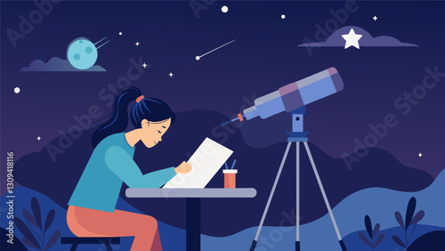 In the quiet of the night a telescope sits on a rooftop as the sky above is carefully drawn and documented in a notebook filled with detailed. Vector illustration