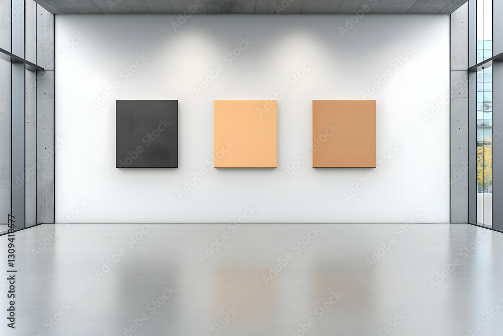 Modern Gallery Interior with Three Abstract Paintings Modern Gallery Interior with Three Abstract Paintings