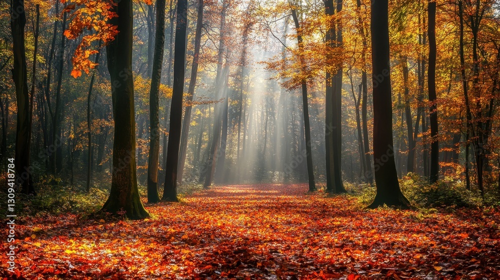 Fototapeta premium A colorful forest scene in autumn, fallen leaves blanketing the ground, sunlight streaming through branches