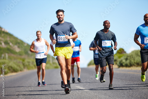 Принти на полотні Sports, men and running marathon in road for race challenge, long distance pace and endurance