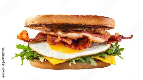 A bacon and egg sandwich on a white background