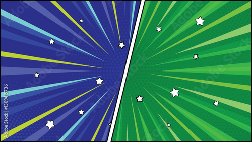 Pop art retro comic background. Blue and Green vs frames.