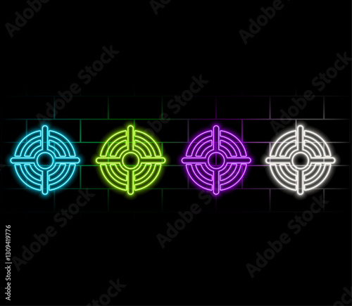 Glowing neon line Target sport icon isolated on brick wall background. Clean target with numbers for shooting range or shooting. Vector Illustration