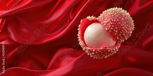 Realistic 3D Icon Cartoon of A Hovering Lychee with a Partially Peeled Skin on a Red Silk Background