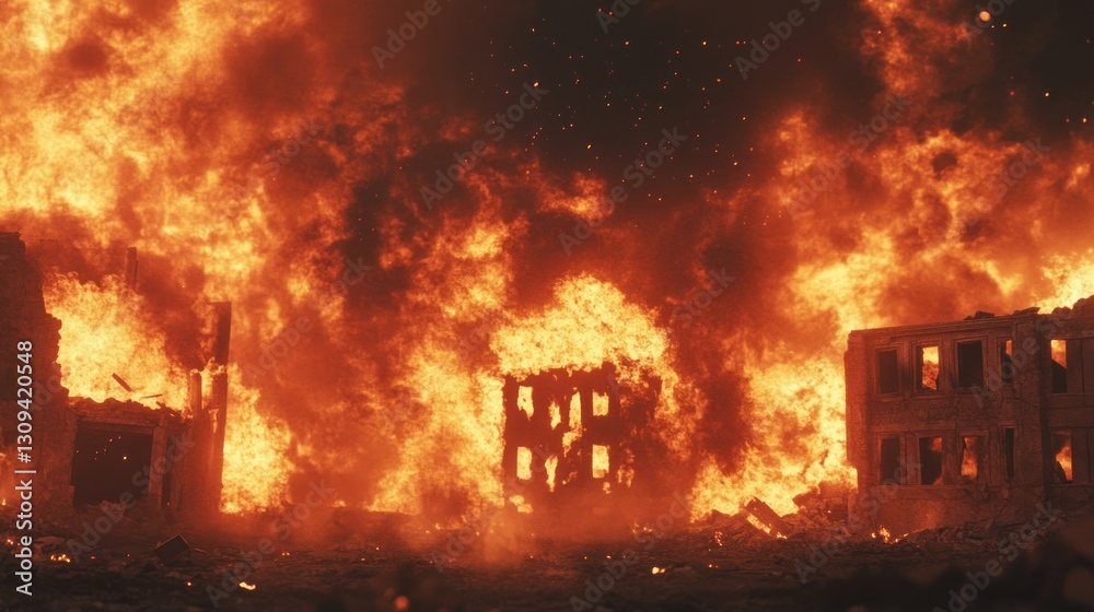 Inferno: Buildings Engulfed in Fiery Destruction