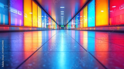 Colorful tunnel walkway  vibrant lights  shoppers  future