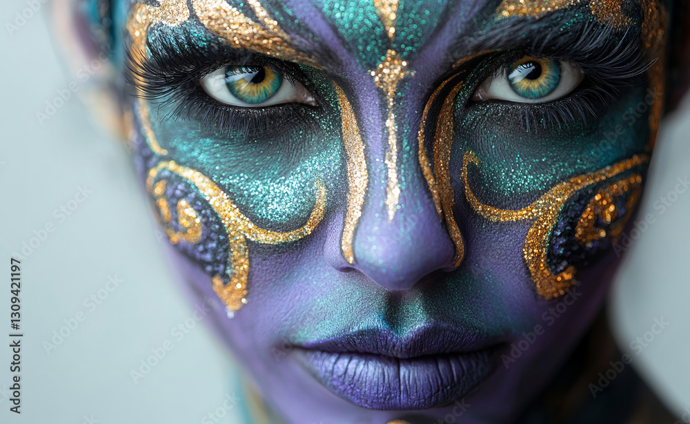 A close-up of intricate Mardi Gras face painting with elegant purple and green hues accented by gold, highlighting artistic makeup details against a bright white background. A close-up of intricate Mardi Gras face painting with elegant purple and green hues accented by gold, highlighting artistic makeup details against a bright white background.