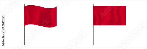 One red flag waves in the wind while the other flag remains still on its pole.