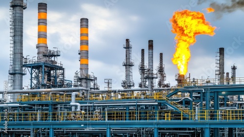 Refinery flaring gas, industrial complex, daytime sky