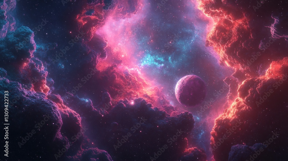 Fototapeta premium Cosmic Nebula: A Celestial Dance of Pink and Red