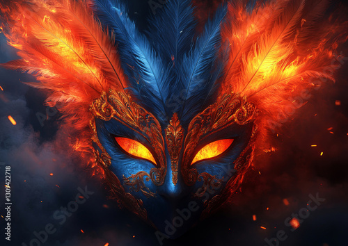 A striking fantasy illustration of an ornate Venetian mask adorned with fiery orange and blue feathers, set against a dark background with dramatic lighting for a mystical, immersive effect.