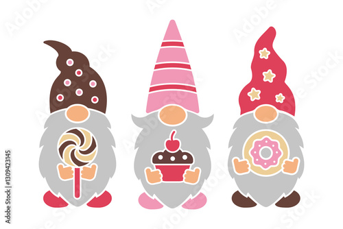 Three gnomes with lollipop, cupcake and donut vector design. Cute shirt print for sweets lovers. Illustration for candy shop invitations, banners, posters, menu. Template for plotter cutting
