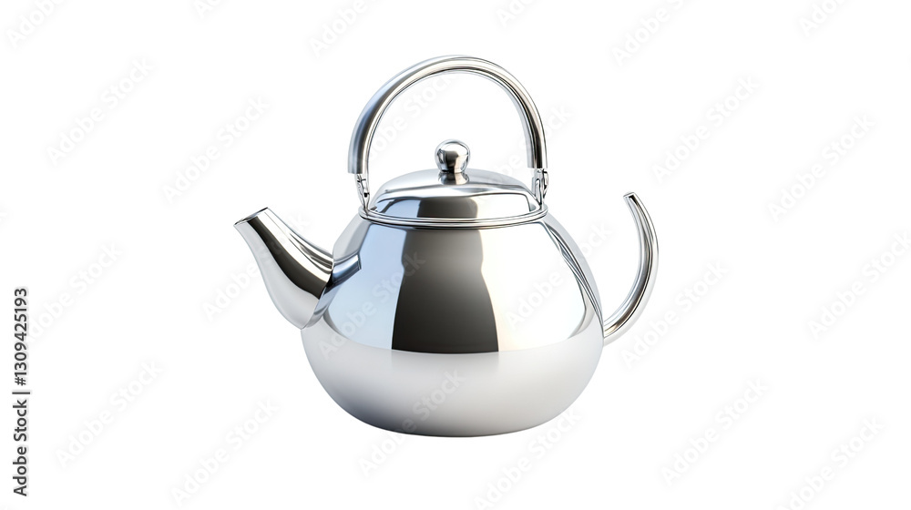 A silver tea kettle sits on a white background