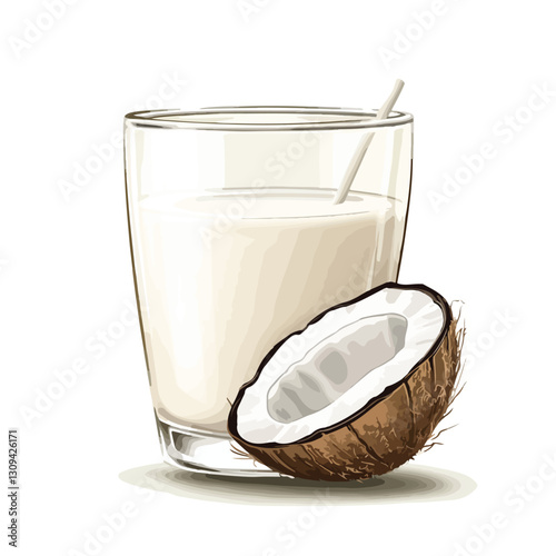 Closeup of Single Glass of Coconut Milk, Refreshing Beverage Concept