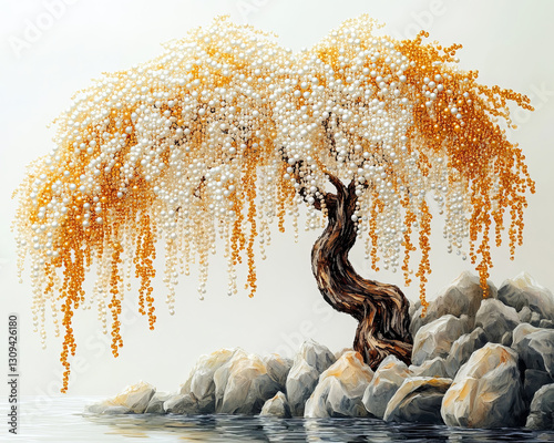 A unique artistic depiction of a willow tree made of shimmering beads and pearls, set against a clean white background, evoking a mystical and elegant fantasy aesthetic.