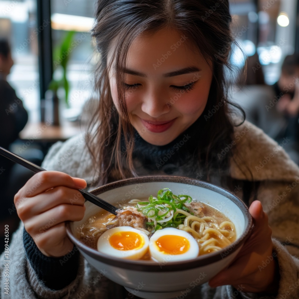 A young woman enjoys a bowl of ramen with soft boiled eggs and fresh greens. The cozy restaurant atmosphere adds warmth. Perfect for food lovers and culinary enthusiasts. AI