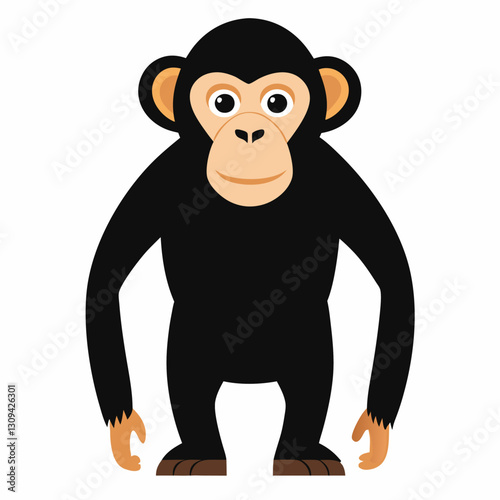Cartoon cute chimpanzee monkey is standing .Suitable for children's books, sticker, mascot, logo.Front view. Vector illustration  on white background