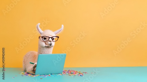 Wallpaper Mural Llama with Glasses Working on Laptop Surrounded by Confetti, animal, office Torontodigital.ca