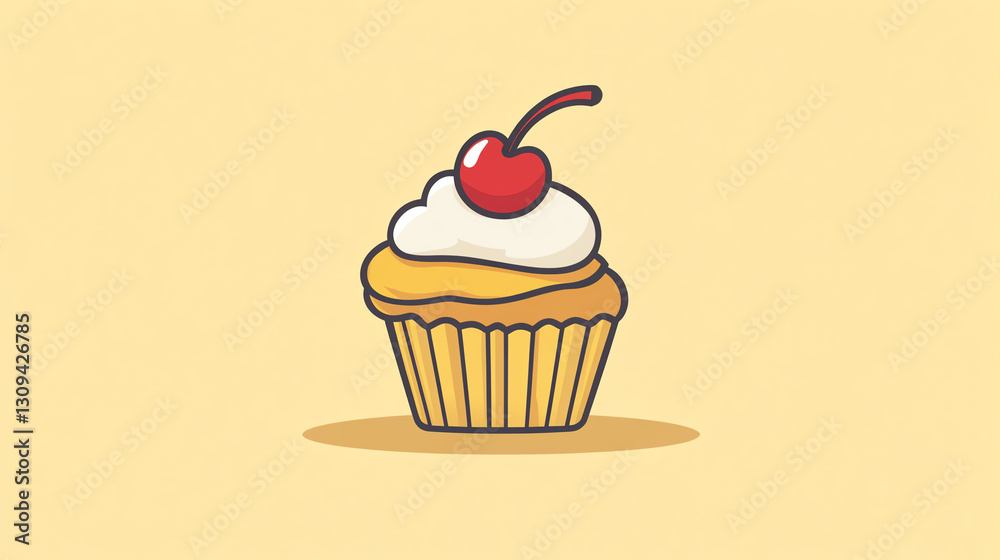 A delightful cupcake topped with creamy frosting and a bright cherry garnish, set against a soft yellow background, perfect for representing sweetness and indulgence in desserts. A delightful cupcake topped with creamy frosting and a bright cherry garnish, set against a soft yellow background, perfect for representing sweetness and indulgence in desserts.