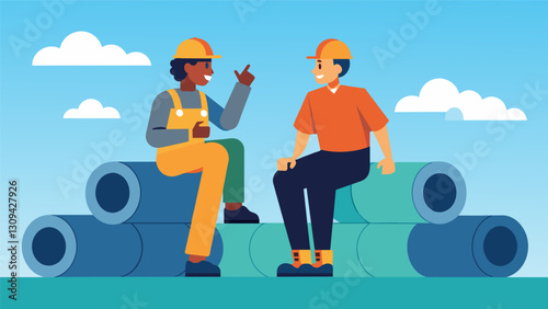 Two workers sitting on a stack of pipes casually chatting and taking a break from their tasks.. Vector illustration