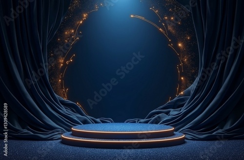 Dark stage background with blue curtains and spotlights