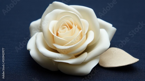 Close-up of an ivory artificial rose with leaf on dark background.