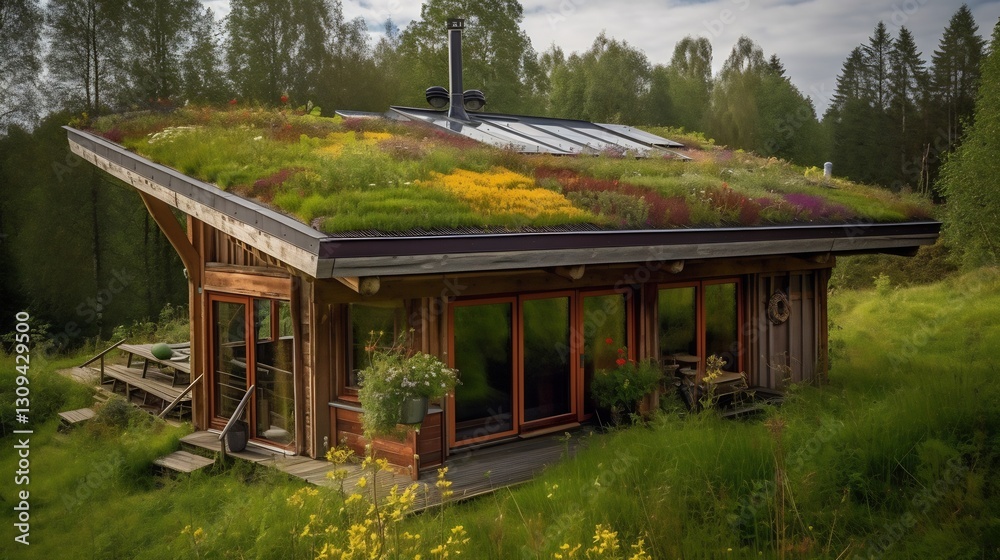 Green Roof Cabin for Forest Meadow, Sustainable Home. Green Roof Cabin for Forest Meadow, Sustainable Home.
