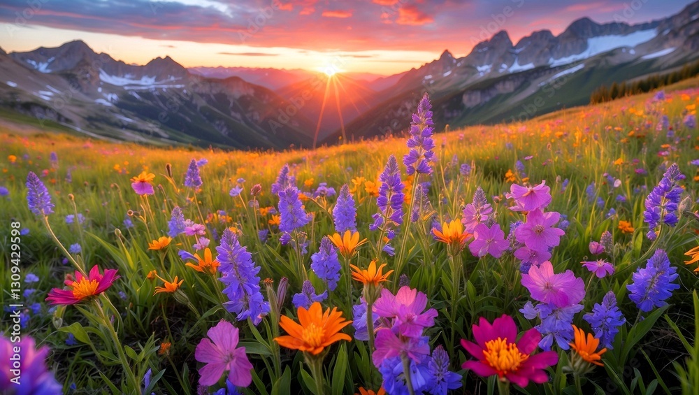 Obraz premium Vibrant wildflowers bloom in a mountain meadow sunset