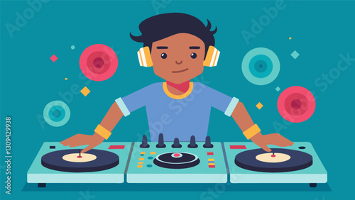 The young DJs fingers fly across the digital turntables creating a seamless blend of old and new tracks.. Vector illustration