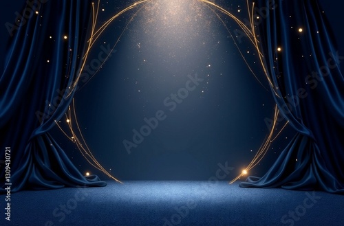 Dark stage background with blue curtains and spotlights