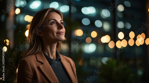 Woman looking up, city night view, hope, future, business