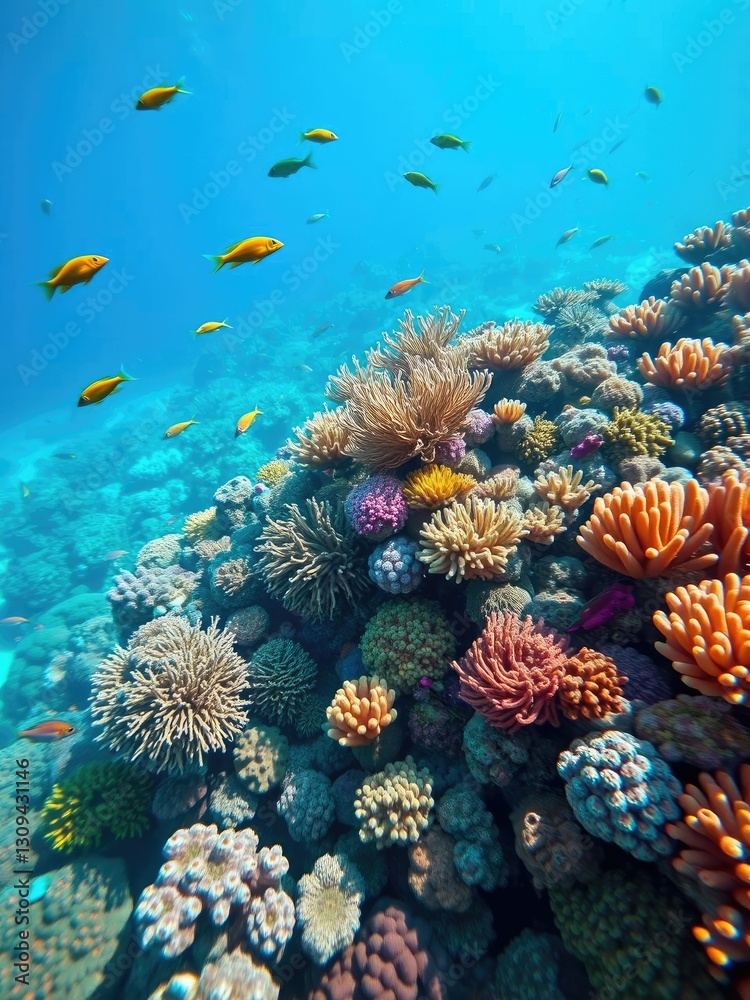 Fototapeta premium Vibrant and diverse coral reef ecosystem in the Maldives, showcasing an array of colors and marine life, travel, diving, biodiversity