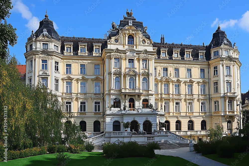 Fototapeta premium Grand European palace with manicured gardens.