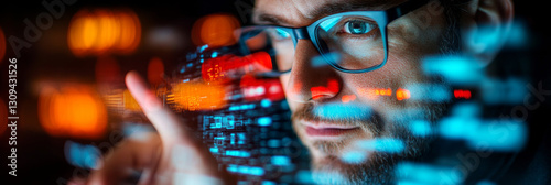 Wallpaper Mural focused man with glasses analyzes digital data on screen, surrounded by vibrant colors and glowing elements, conveying sense of technology and innovation Torontodigital.ca