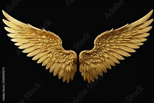 a close up of a gold angel wings on a black background