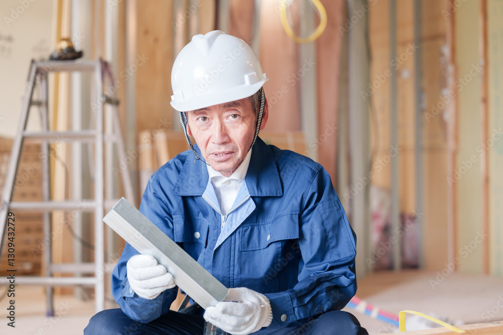 Fototapeta premium 建設現場で軽量鉄骨の確認をする男性の職人