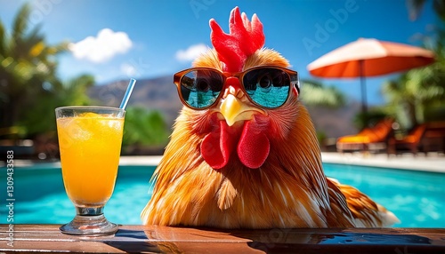 Funny chicken hen in sunglasses,  relaxing by a swimming pool with a cocktail on vacation or holiday. Generated image
